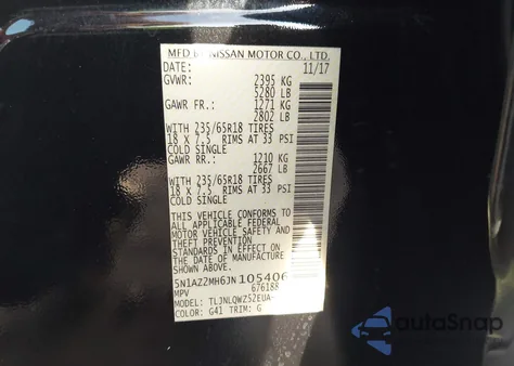 2018 Nissan Murano Sv z USA, uszkodzony, nr VIN 5N1AZ2MH6JN105406